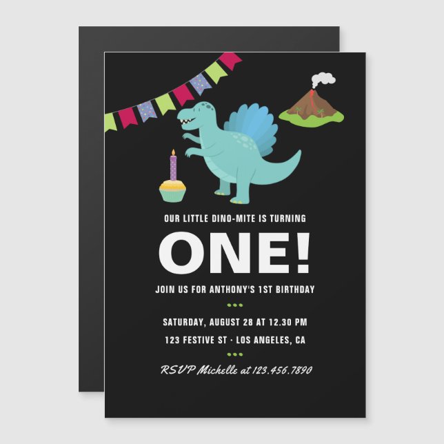 Black and white 1st Birthday Dinosaur themed Party Magnetic Invitation (Front/Back)