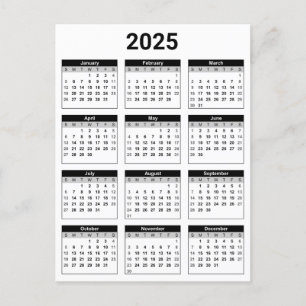Black and White 2025 Year At A Glance Calendar Postcard