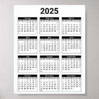 Black and White 2025 Year At A Glance Calendar