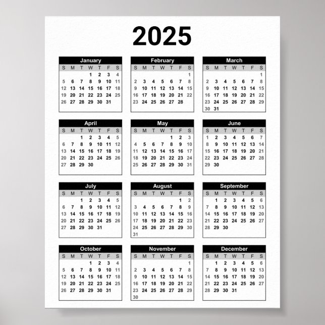 Black and White 2025 Year At A Glance Calendar Poster (Front)