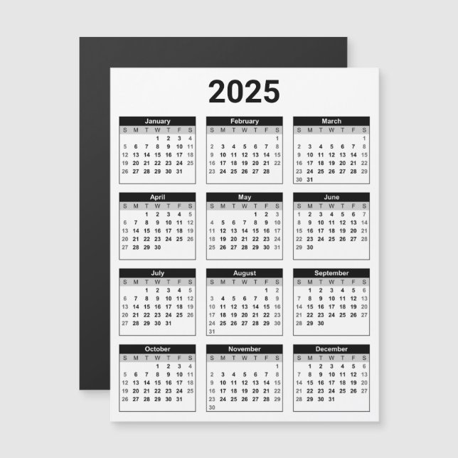 Black and White 2025 Yearly Calendar Magnetic Card (Front/Back)