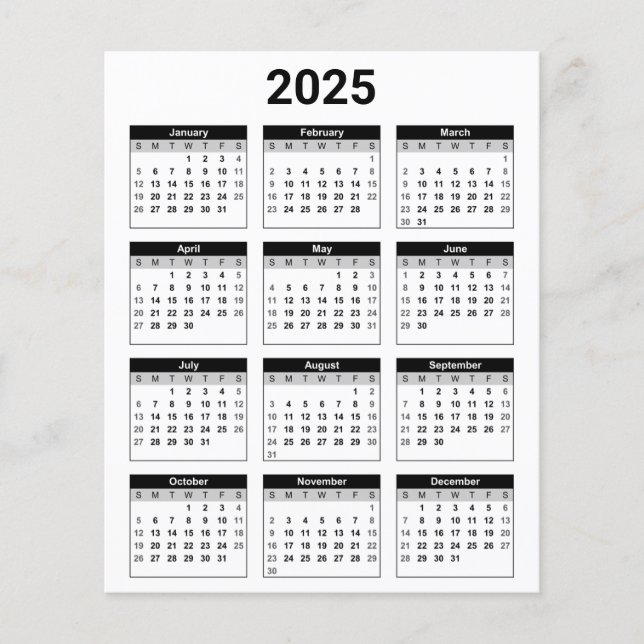 Black and White 2025 Yearly Calendar Paper Sheet (Front)