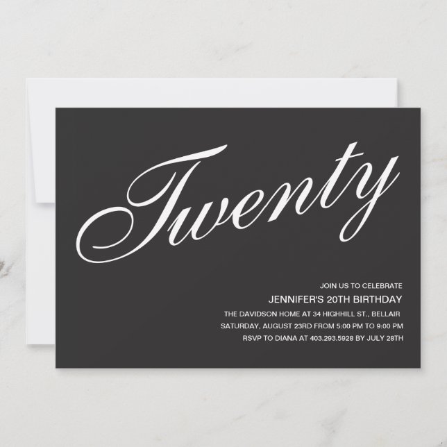 Black and White 20th Birthday Invitations (Front)