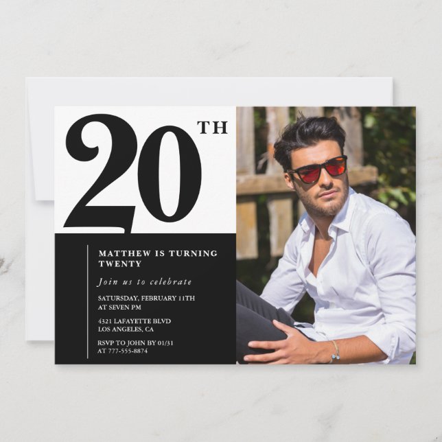 Black and White 20th Birthday Invitations Photo (Front)