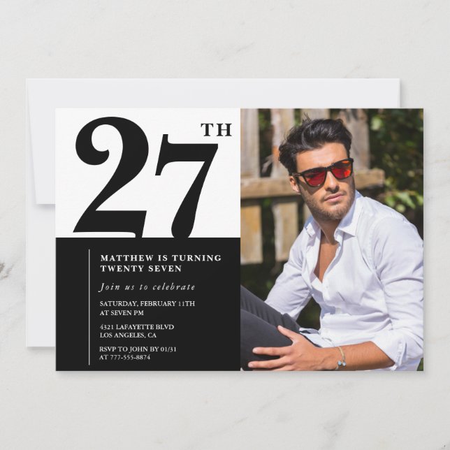 Black and White 27th Birthday Invitations Photo (Front)