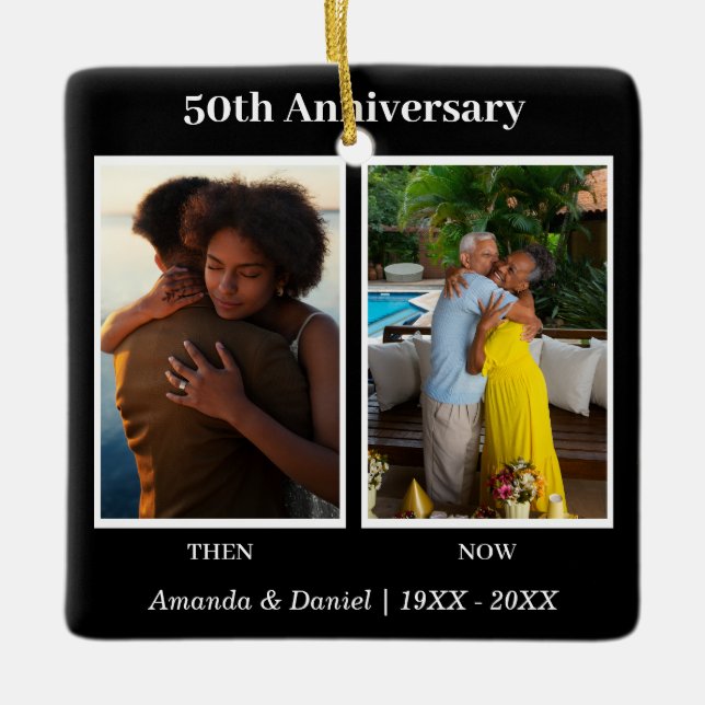 Black and White 2 Photo Collage Anniversary Ceramic Ornament (Front)