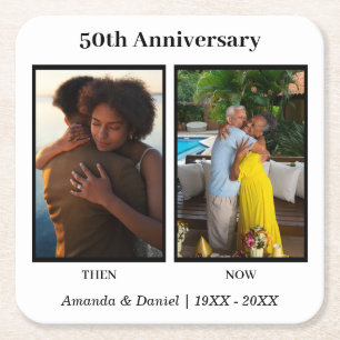 Black and White 2 Photo Collage Anniversary Square Paper Coaster
