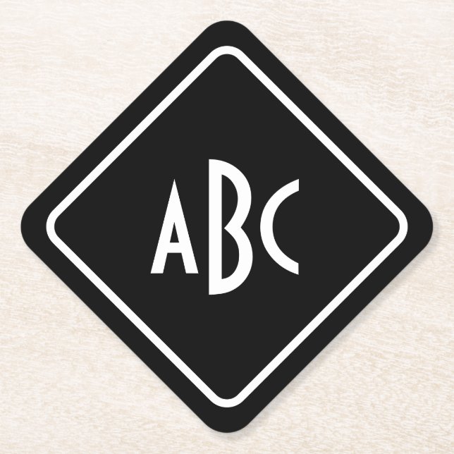 Black and White 3 Letter Monogram Diagonal Paper Coaster (Front)