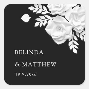 Black And White 3D Flowers Roses Wedding  Square Sticker