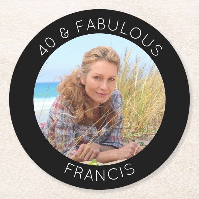 Black and White 40 & Fabulous Photo Round Paper Coaster (Front)