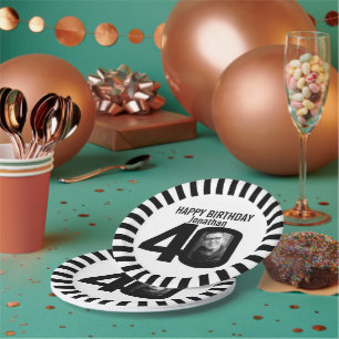 Black and white 40th birthday photo and stripes paper plate