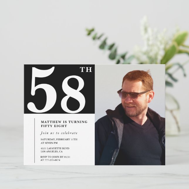 Black and White 58e anniversaire Invitations Photo (Debout devant)