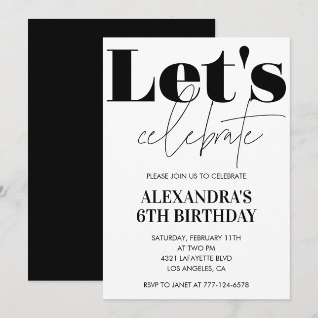 Black and White 6th birthday invitation Modern (Front/Back)