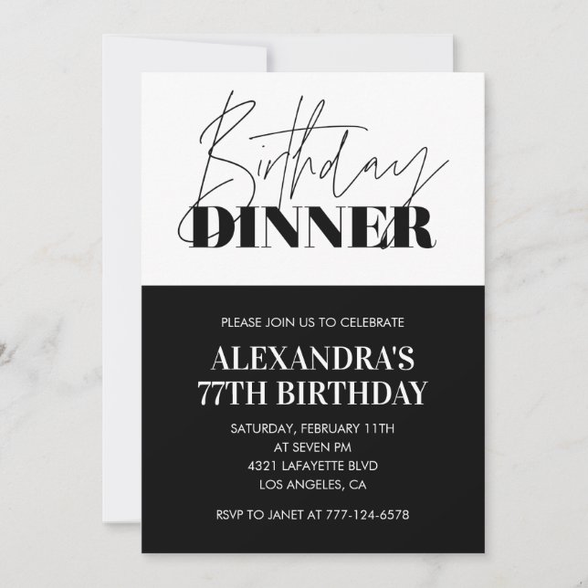 Black and white 77th birthday invitations Dinner  (Front)