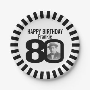 Black and white 80th birthday photo and stripes paper plate