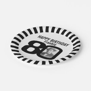 Black and white 80th birthday photo and stripes paper plate