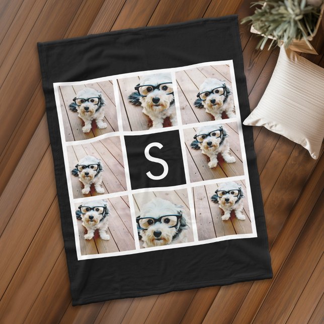 Black and White 8 Photo Collage Custom Monogram Fleece Blanket (Personalized fleece blanket with 8 photos and a monogram)