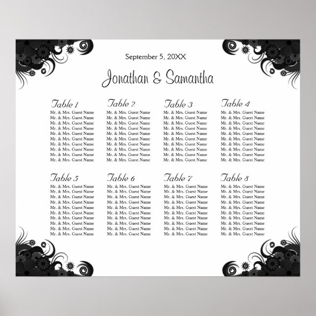 Black and White 8 Wedding Tables Seating Charts (Front)