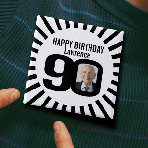 Black and white 90th birthday photo and stripes 2 inch square button