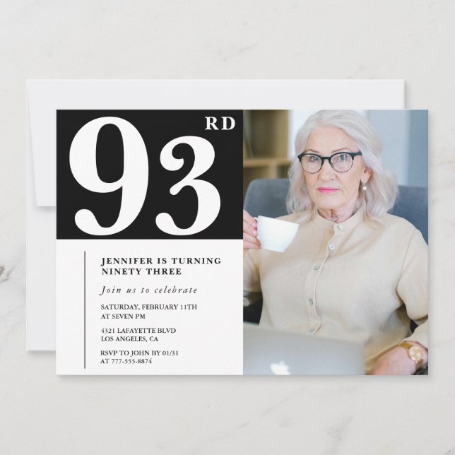 Black and White 93e anniversaire Invitations Photo (Devant)