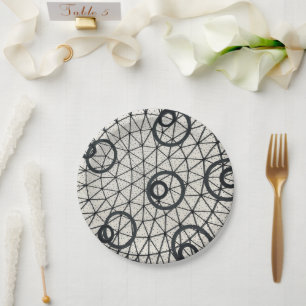 Black and White Abstract Circles Pattern Paper Plate