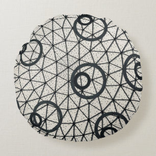 Black and White Abstract Circles Round Pillow