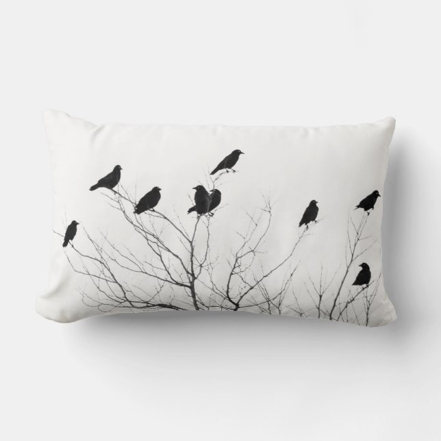 Black And White Abstract Crows Lumbar Pillow (Front)