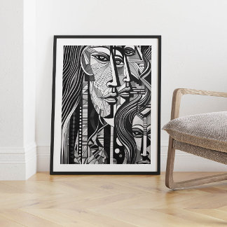 Black and White Abstract Cubism Art Ancient Poster