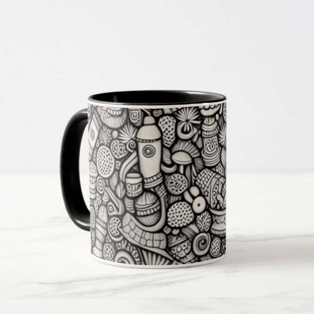 Black and White Abstract Doodle Art Coffee Mug | M (Front Left)