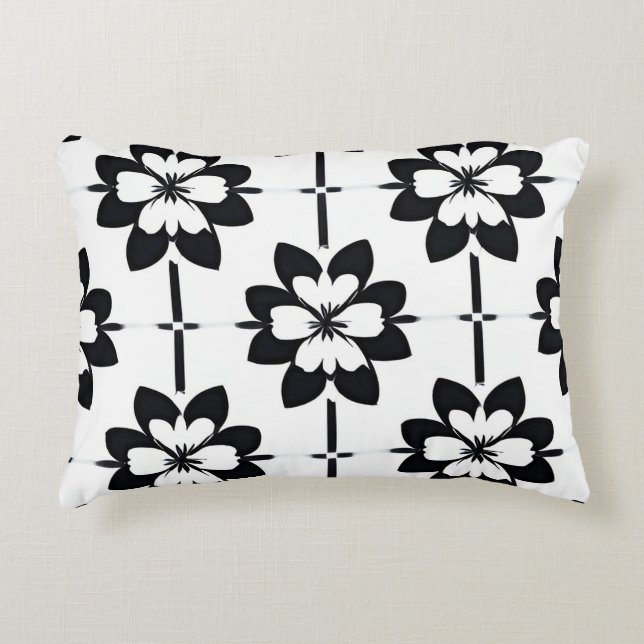 Black and White Abstract Floral Pattern Accent Pillow (Front)