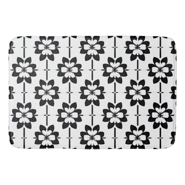Black and White Abstract Floral Pattern Bath Mat (Front)