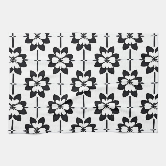 Black and White Abstract Floral Pattern Kitchen Towel (Horizontal)