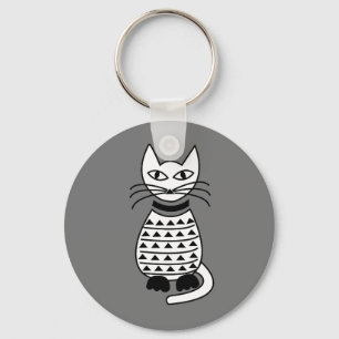 Black and White Abstract Geometric Cat Keychain