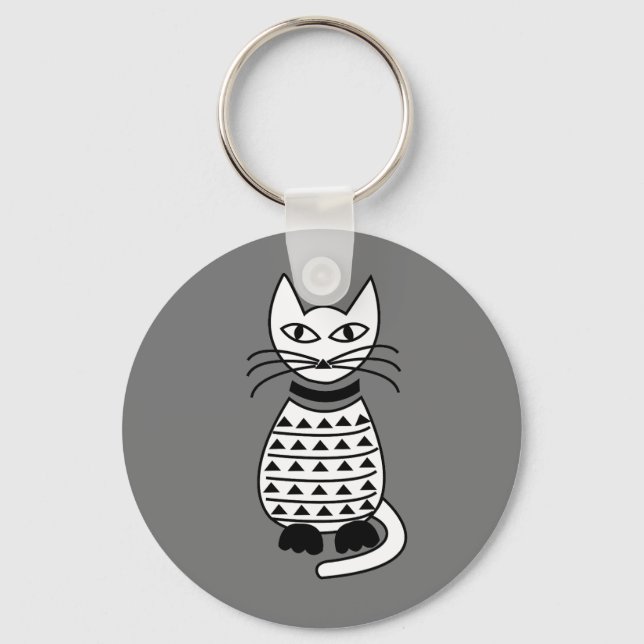Black and White Abstract Geometric Cat Keychain (Front)