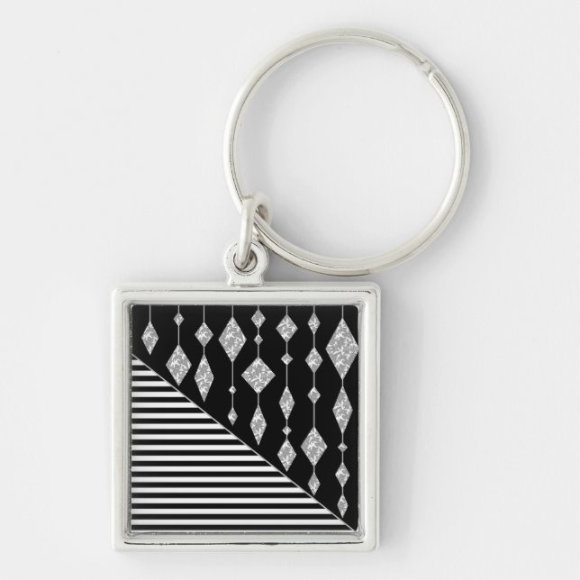 Black and white, abstract, geometric, simple, Scan Keychain (Front)