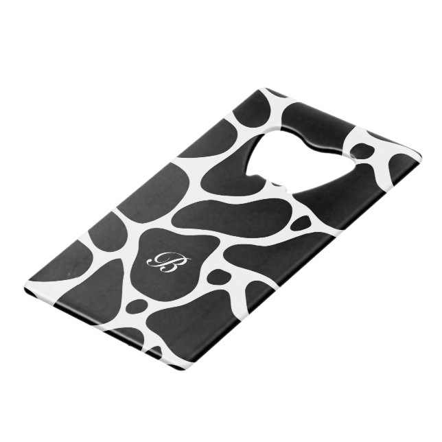 Black and white abstract giraffe pattern credit card bottle opener (Front Angled)