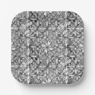 Black and White Abstract Layered Leaf Doodle Paper Plate