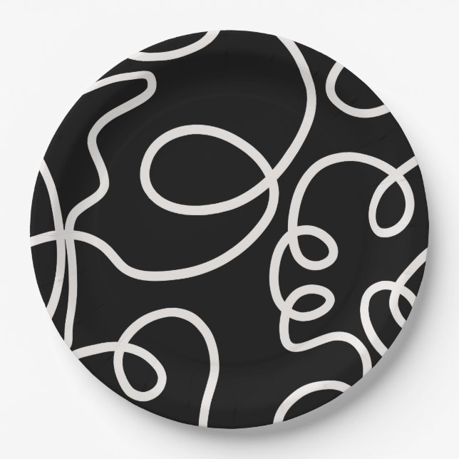 Black And White Abstract Line Brush Strokes Paper Plate (Front)