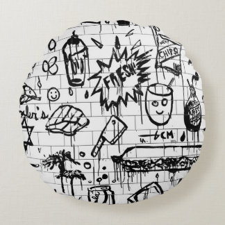 BLACK AND WHITE ABSTRACT PAINTING ROUND PILLOW