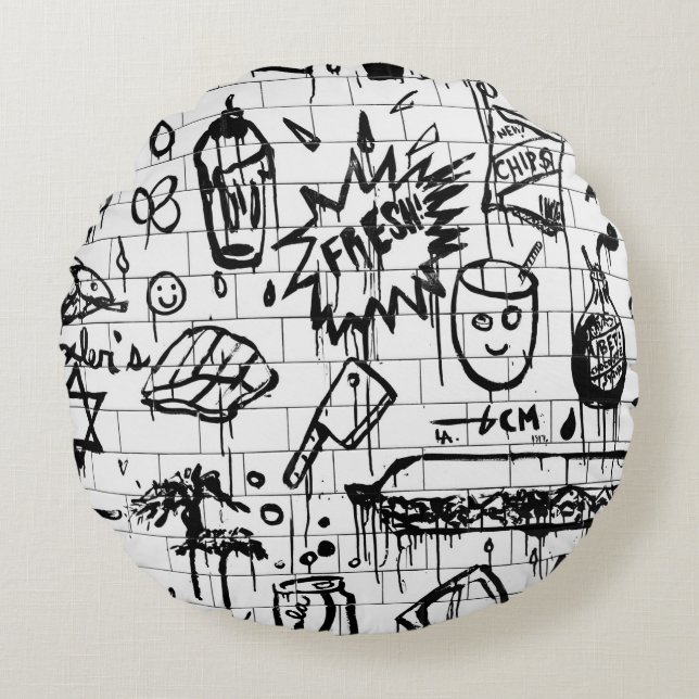 BLACK AND WHITE ABSTRACT PAINTING ROUND PILLOW (Front)
