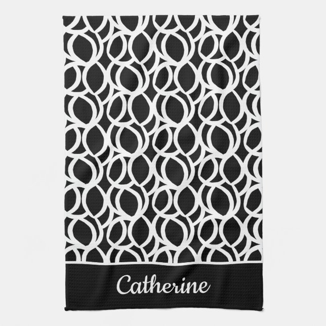 Black and White Abstract Pattern Custom Name Kitchen Towel (Vertical)