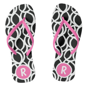 Black and White Abstract Pattern Pink Monogram Flip Flops