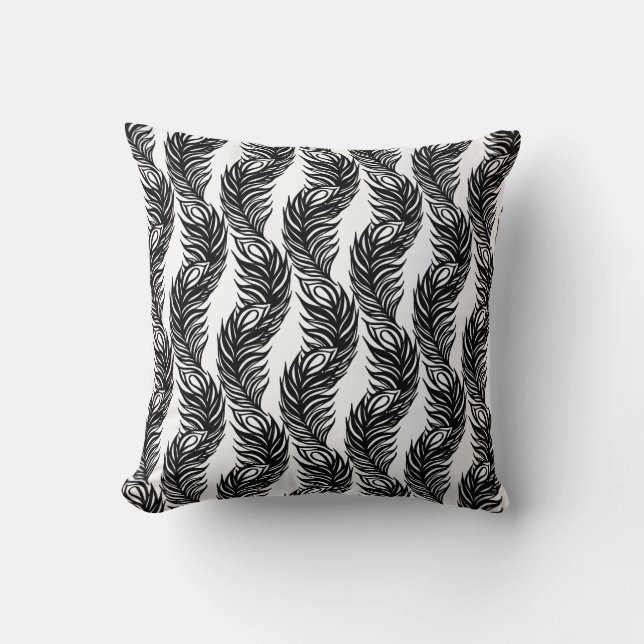 Black and white abstract Peacock feather pattern Throw Pillow (Front)