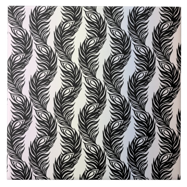 Black and white abstract Peacock feather pattern Tile (Front)