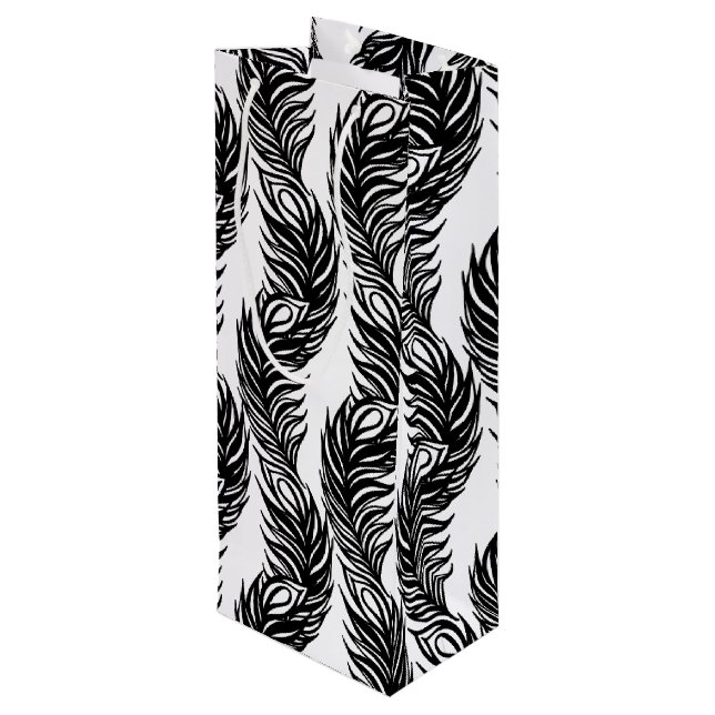 Black and white abstract Peacock feather pattern Wine Gift Bag (Back Angled)