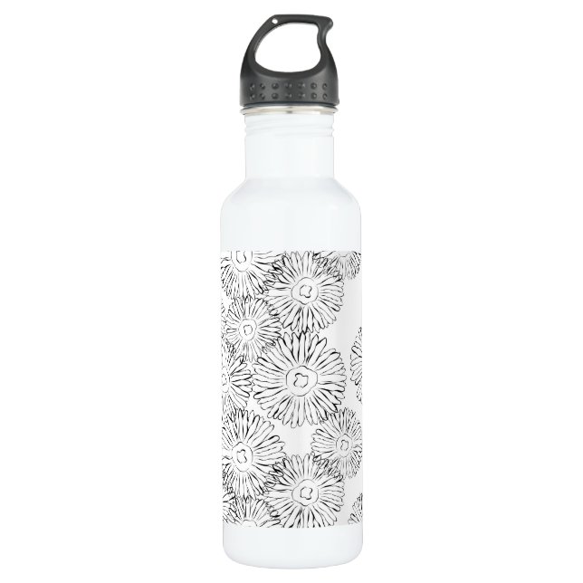 Black and white abstract spring flowers 710 ml water bottle (Front)