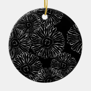 Black and white abstract spring flowers ceramic ornament