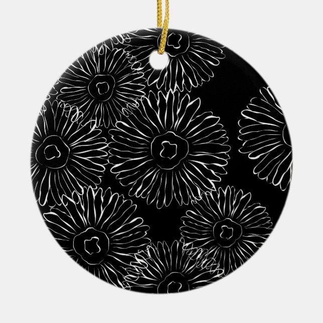 Black and white abstract spring flowers ceramic ornament (Front)