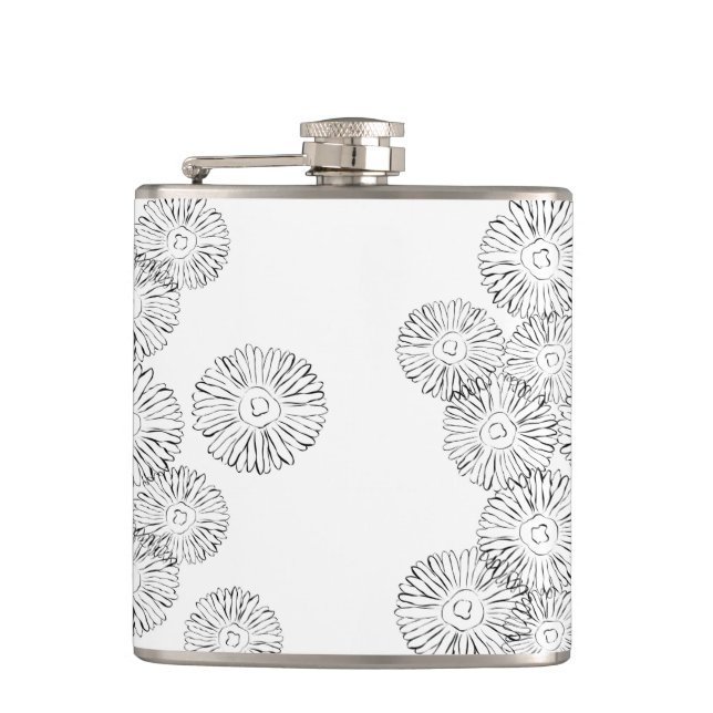 Black and white abstract spring flowers hip flask (Front)