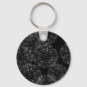 Black and white abstract spring flowers keychain